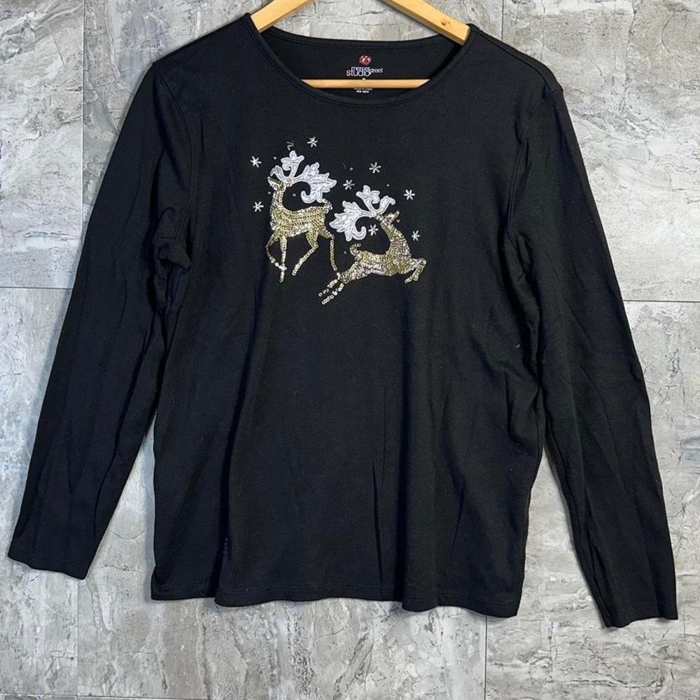 Black‎ long sleeve shirt with gold reindeer design Woman's Medium#reindeer